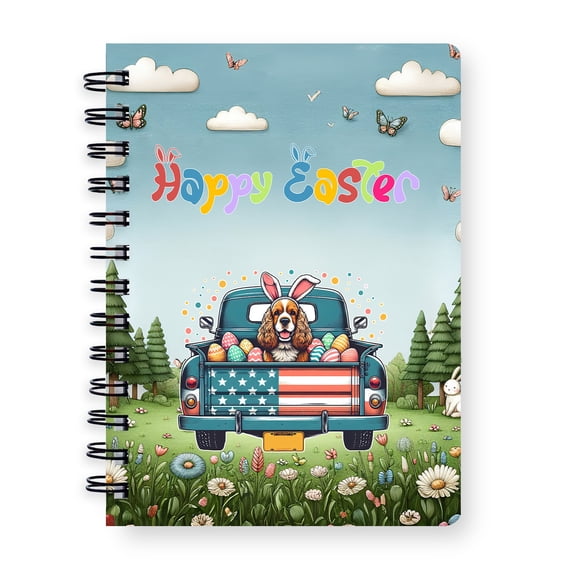 Happy Easter Cocker Spaniel American Flag Truck Bunny Ears Spiral Bound Journal Cockers Dog Lover Gifts 5x7in Spiral Notebook - 03001