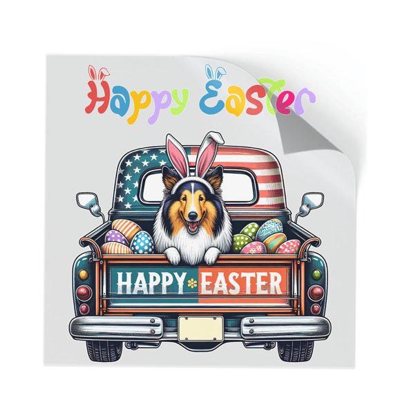 Happy Easter Collie American Flag Truck Bunny Ears Cutout Transfer Sticker Collie Dog Lover Gifts Idea Transparent Decal Art Decor - 03001