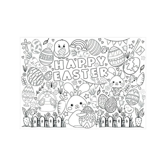 Happy Easter Coloring Poster, 31.5x43.3 Inch Disposable Paper Tablecloth for Children's Party, Kids Craft, Doodle Activity, Easter Celebration