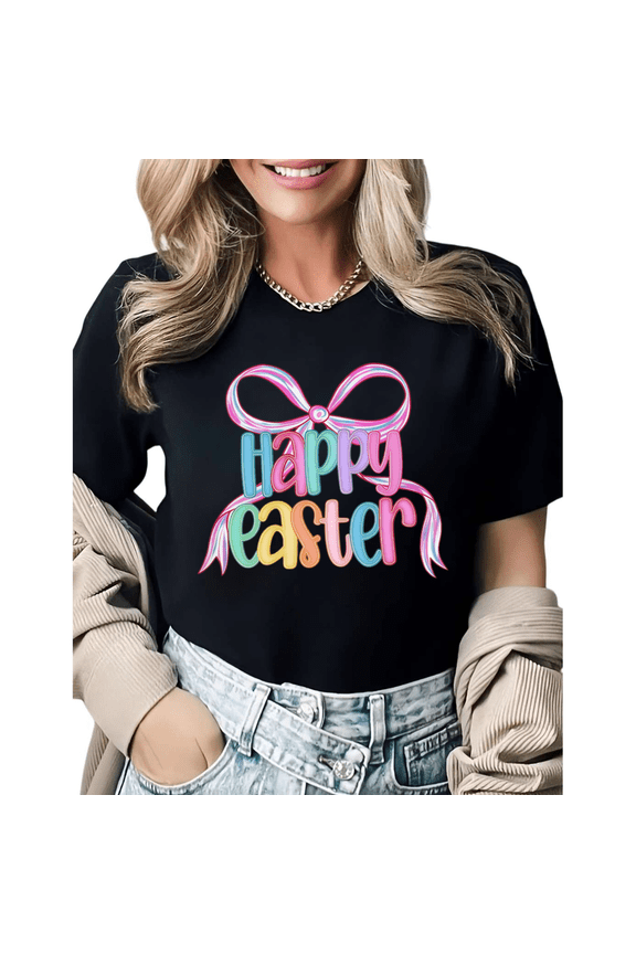 Happy Easter Coquette Bow Graphic Tees Womans Tshirt Shirts Black White S-5XL Tops