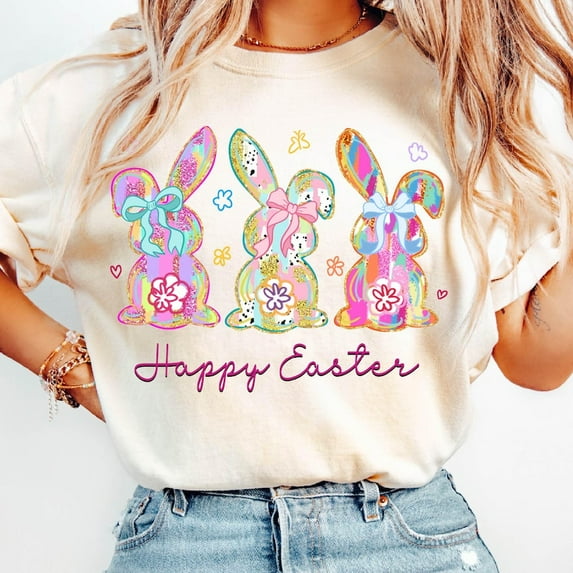 Happy Easter Coquette Bunny T-Shirt, Retro Glitter Easter Shirt for Girls and Women, Brushstroke Spring Holiday Tee, Cute Easter Outfit