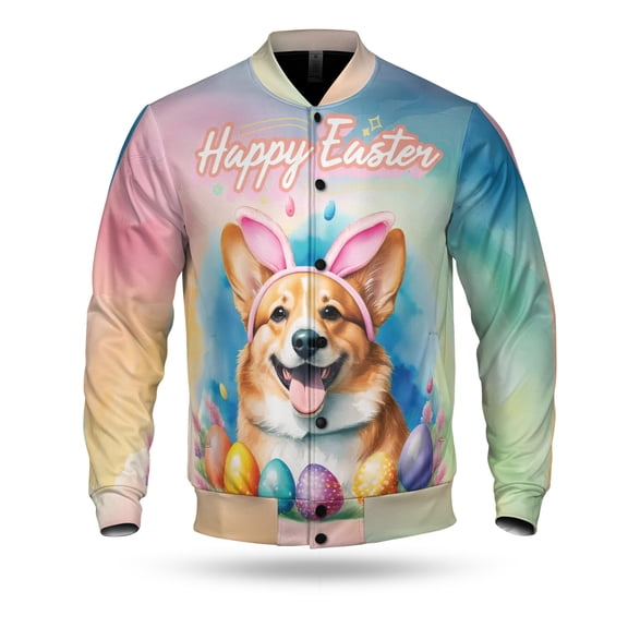 Happy Easter Corgi with Bunny Ear Headband and Flowers All Over Print 3D Baseball Jacket Welsh Corgi Dog Lover Gifts Idea Bomber Jacket Softball - 13001