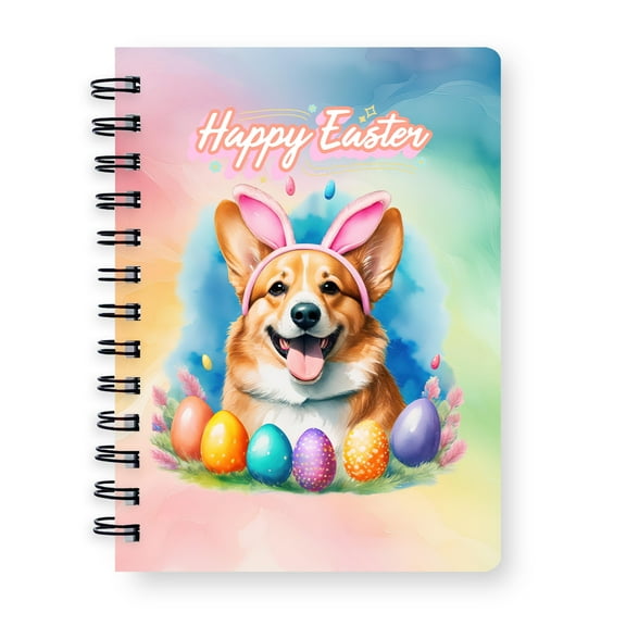 Happy Easter Corgi with Bunny Ear Headband and Flowers Spiral Bound Journal Welsh Corgi Dog Lover Gifts Idea 5x7in Spiral Notebook - 13001
