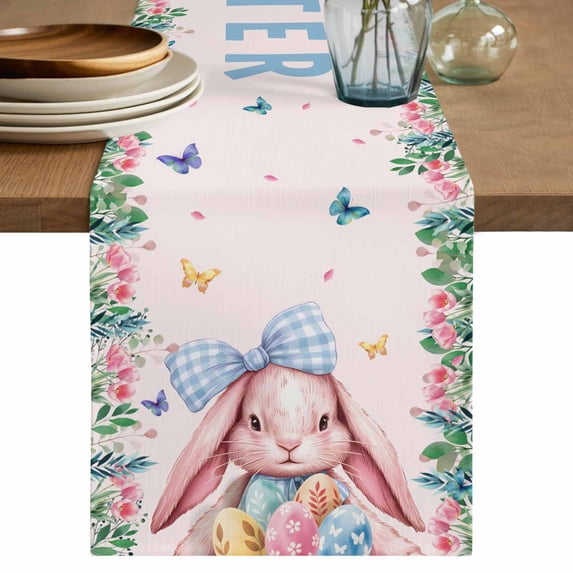 Happy Easter Cotton Linen Table Runner for Dining Kitchen, Cute Rabbits Eggs Flowers Butterflies Leaves Pink Wedding Outdoor Party Tablerunners, Dresser Scarf Coffee Tablecloth Runners 13x48 Inches