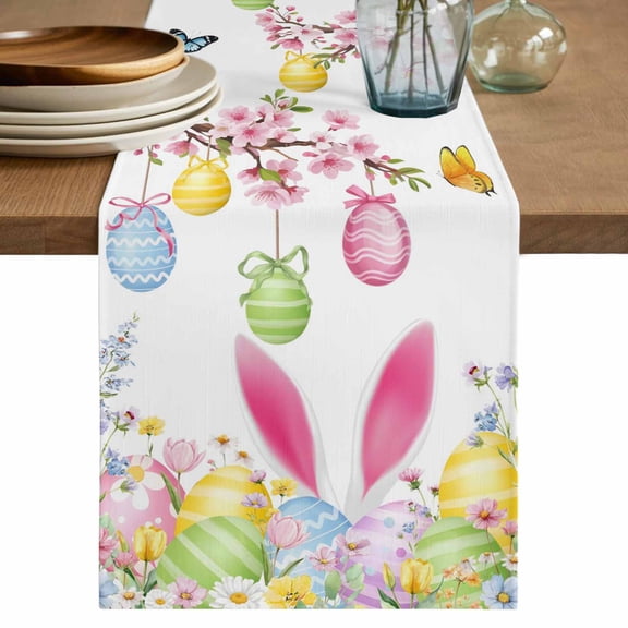 Happy Easter Cotton Linen Table Runner for Dining Kitchen, Spring Watercolor Bunny Eggs Flower Branch Wedding Outdoor Party Tablerunners, Dresser Scarf Coffee Tablecloth Runners 13x60 Inches