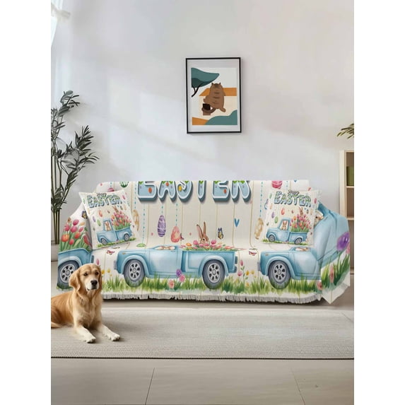 Happy Easter Couch Cover, Watercolor Floral Truck Eggs Rabbits Spring Beige Oversized Sofa Cover Blanket for 3 Cushion Couch, Sectional Sofa Slipcover Protector for Living Room Bedroom 71''x150''