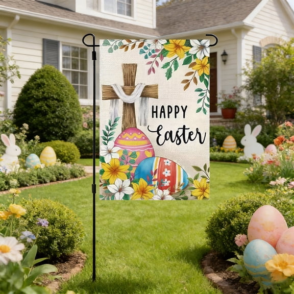 Happy Easter Cross Garden Flag, 12x18 Inch Double Sided Burlap Lily Easter Eggs Yard Flags, Farmhouse Holiday Outdoor Decor (C)