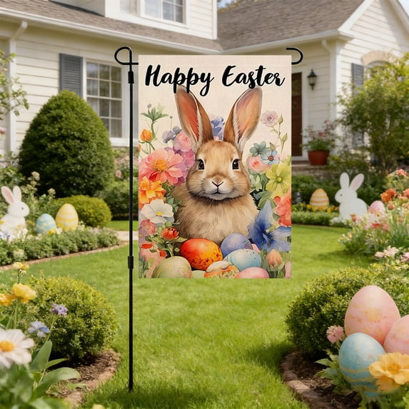 Happy Easter Cross Garden Flag 12x18 Inch Double Sided Burlap Lily Easter Eggs Yard Flags Farmhouse Holiday Outdoor Decor