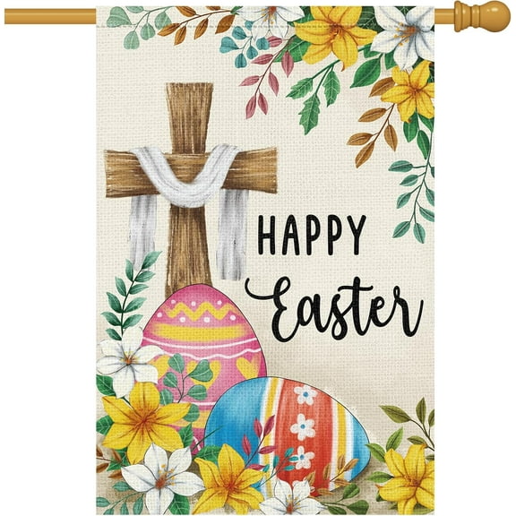 Happy Easter Cross House Flag - 28x40" Double-Sided Burlap Lily Easter Eggs Yard Flags Farmhouse Holiday Outdoor Decor
