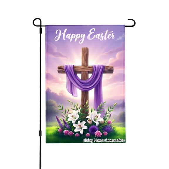 Happy Easter Cross With Purple Scarf And Lilies Garden Flag For Home Outdoor Garden Yard Decor 12x18 Inch