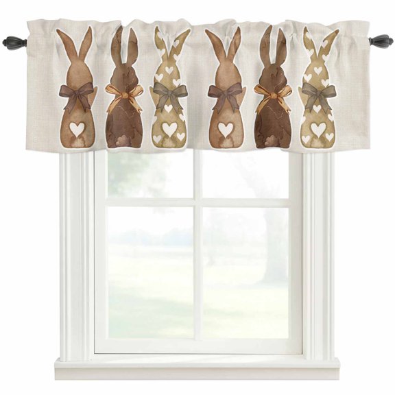 Happy Easter Curtain Valances for Windows, Kitchen Valance Window Treatment, Vintage Brown Rabbits Love Heart Balloon Light Filtering Block Curtains for Bathroom/Bedroom/Living Room 42'' x 12''