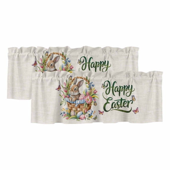 Happy Easter Curtain Valances for Windows, Kitchen Valance Window Treatments Panel 2 Pack, Cute Rabbits Flowers Eggs Butterflies Beige Rod Pocket Short Curtains for Bathroom Bedroom 60 x 18 Inch