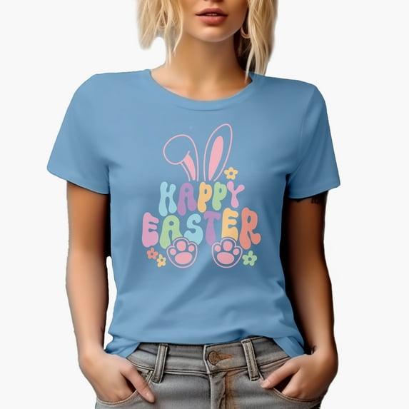 Happy Easter, Cute Bunny Art Favor, Souvenir or Merch Gift, Baby Blue T-Shirt, Large
