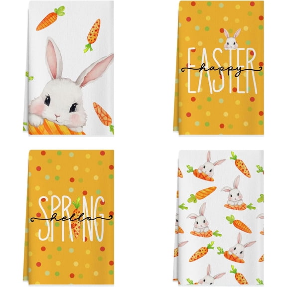Happy Easter Cute Bunny Carrots Spring Kitchen Towels Dish Towels 18x26 Inch Home Decorations Hand Towels Set of 4 Drying Dishcloth