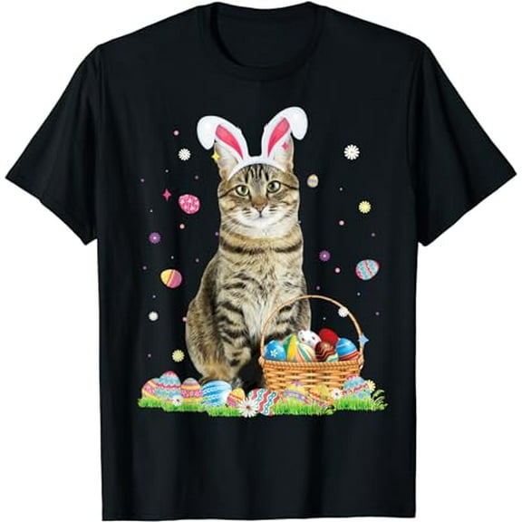 Happy Easter Cute Bunny Cat Eggs Basket Easter Cat Lovers T-Shirt