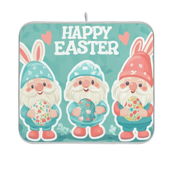 Happy Easter Cute Dwarfs with Eggs Dish Drying Mat Absorption Pad Kitchen Drainer for Counter Dinning Table 16" x 18"