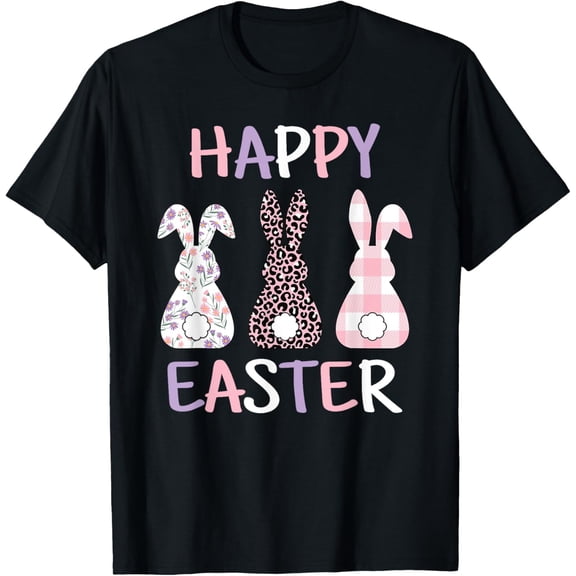 Happy Easter Cute Pink Leopard Plaid Flower Bunny Rabbit T-Shirt100% cotton