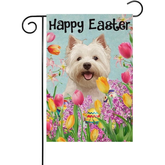 Happy Easter Cute Westie-Dog Gift Easter Eggs Tulip Lavender Garden Flag 12x18 Inch Double Sided Vertical Decoration Dog Yard Small Flag For Outside Holiday Seasonal Outdoor(13369)