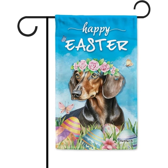 Happy Easter Dachshund Garden Flag Watercolor Dog with Easter Eggs Butterfly Flowers Spring Summer Welcome Flag for Outside Yard 12.5X18 Inch Double Side