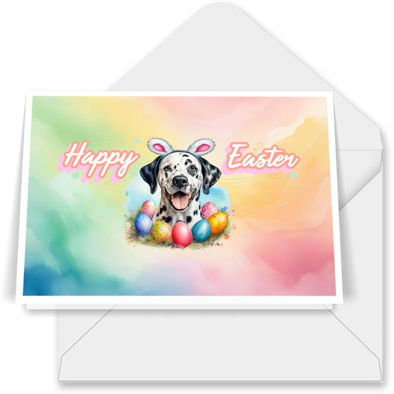 Happy Easter Dalmatian with Bunny Ear Headband and Flowers 7x5in Folded Greeting Card Dog Lover Single Note Card with Envelope - 13001