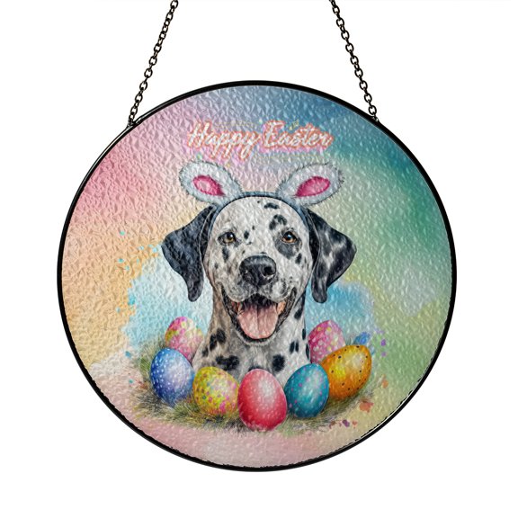 Happy Easter Dalmatian with Bunny Ear Headband and Flowers Stained Glass Suncatcher Dog Lover Window Hanging Sign Decor - 13001