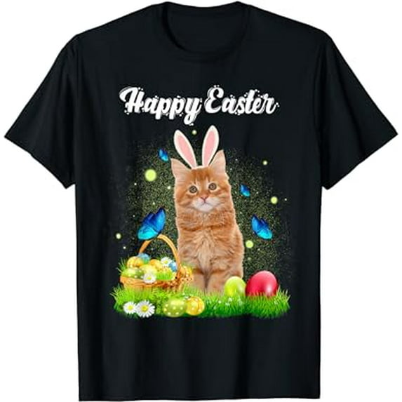 Happy Easter Day Bunny Cat Eggs Basket Men Women Cat Lover T-Shirt