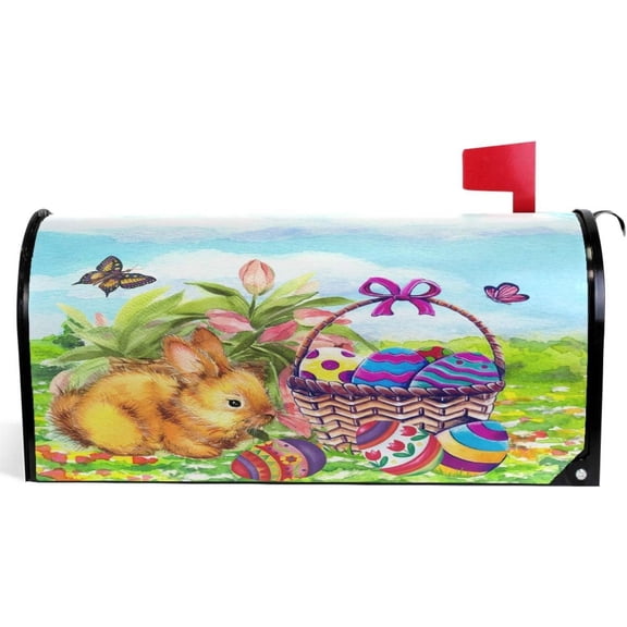Happy Easter Day Bunny Eggs Basket Lilies Flowers Mailbox Covers Standard Size Easter Rabbit Eggs Spring Butterfly Magnetic Mail Wraps Cover Letter Post Box 21" Lx 18" W