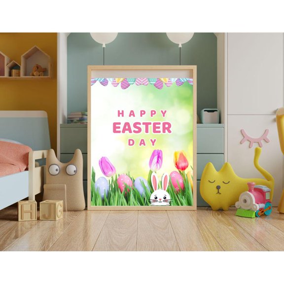 Happy Easter Day Bunny Tulips Kids Room Spring Wall Art Poster 8x12 UNFRAMDE