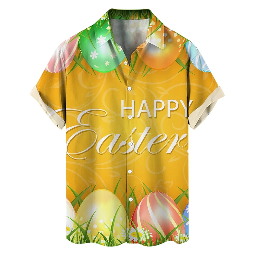 Happy Easter Day Cartoon Mens Rabbit Eggs Hawaiian Shirts 3D Printed ...