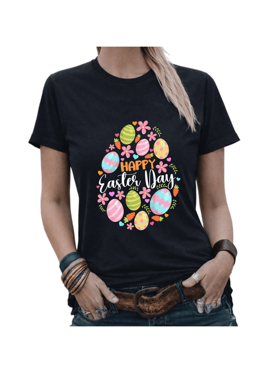 Happy Easter Day Colorful Eggs Graphic Tees Womans Tshirt Shirts White/Black S-5XL Tops