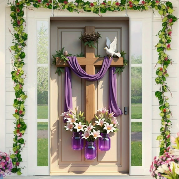 Happy Easter Day Decorations Door Cover He Is Risen Porch Sign Religious Door Cover Large Fabric Cross Door Cover Background for Jesus Spring Easter Party Decor 70.8 x 35.4 Inch
