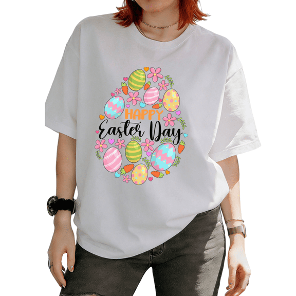 Happy Easter Day Eggs Floral Graphic Simple Minimalist Tees T Shirt Tops Short Sleeve Round Neck White S-5XL