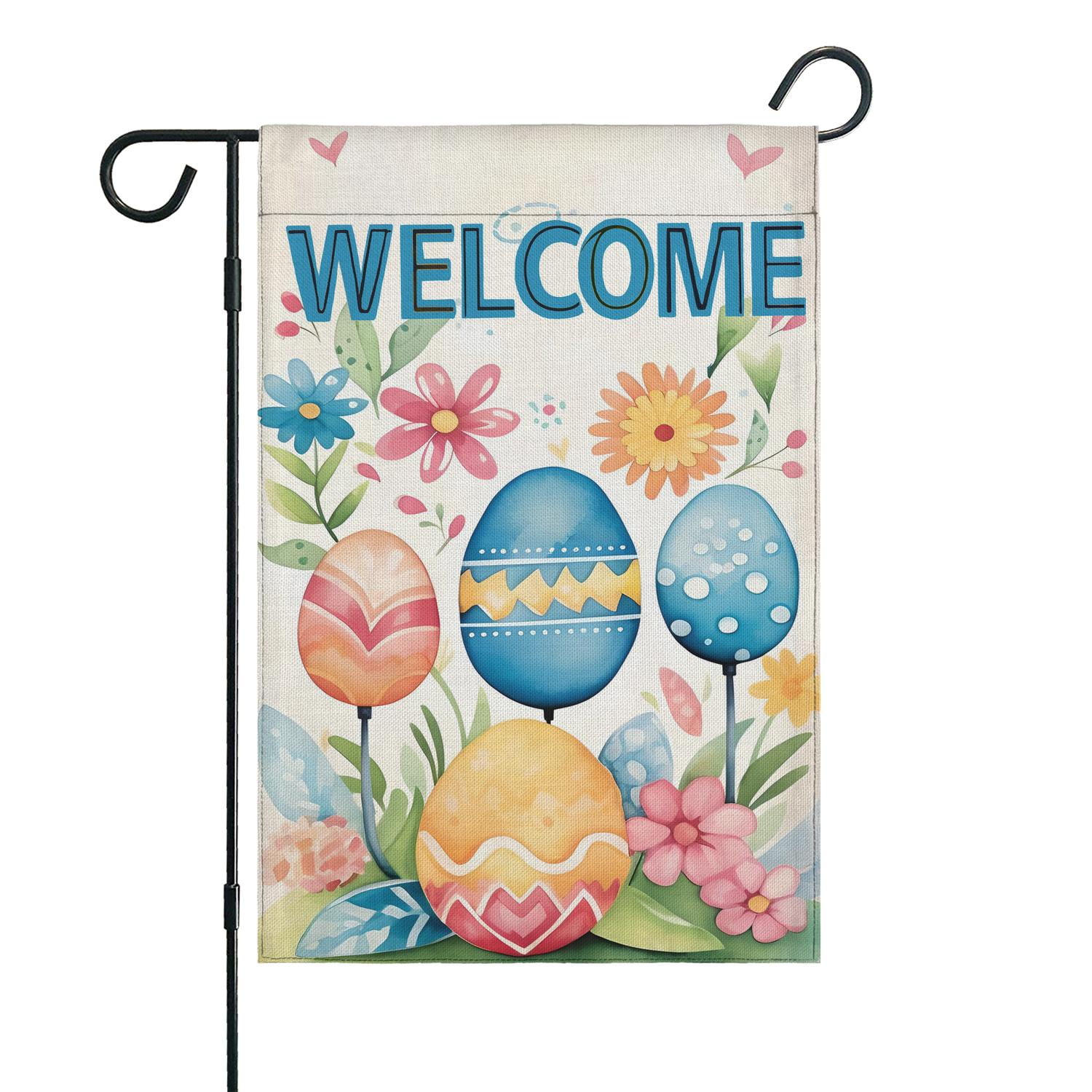Happy Easter Day Garden Flag Linen Outdoor Flag Colorful Rabbit Eggs ...