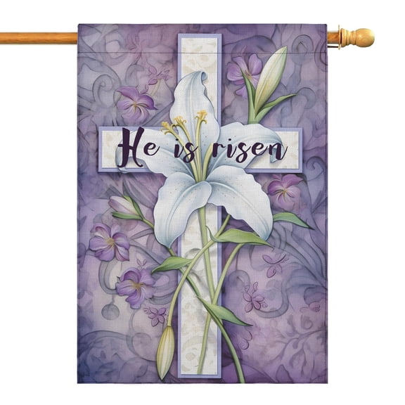 Happy Easter Day Garden Flag Linen Outdoor Flag He Is Risen Lilies Easter Yard Flags Vertical Double Sided House Flag for Home,Garden Decorations,Spring Farmhouse Holiday Outside 28''×40''in.