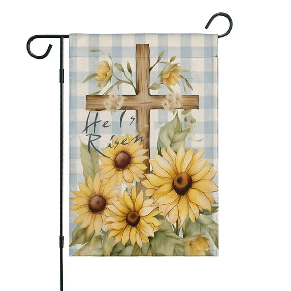 Happy Easter Day Garden Flag Linen Welcome Flag He Is Risen Sunflower Cross Outdoor Flag Vertical Double Sided Welcome Flag for Home, Farmhouse Holiday Spring Outdoor Decor 12.5''×18''in.