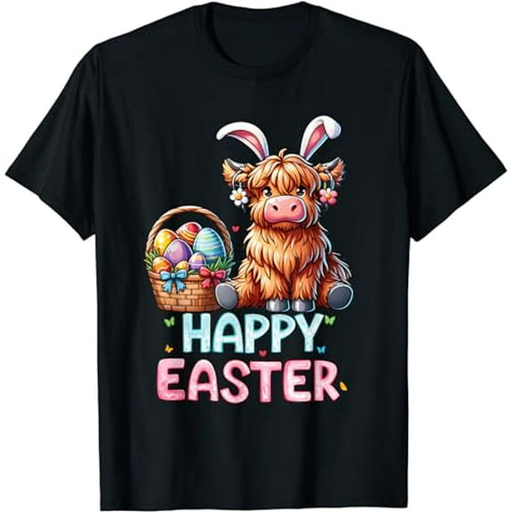 Happy Easter Day Highland Cow Cute Easter Bunny Women Kids T-Shirt