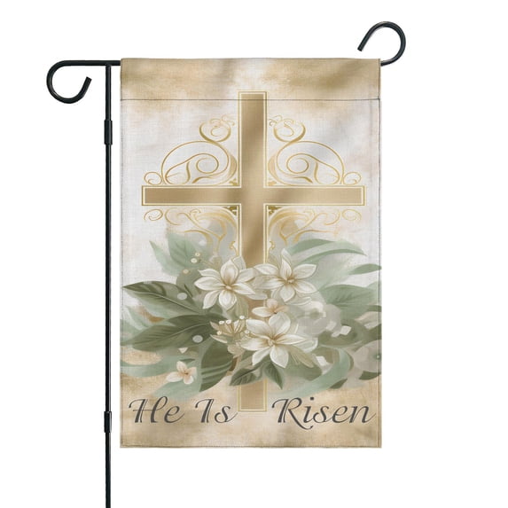Happy Easter Day House Flag Burlap Outdoor Flag He Is Risen Lilies and Cross God Blessing Outdoor Flags Vertical Double Sided Welcome Flag for Home, Farmhouse Spring Outdoor Decor 12.5''×18''in.
