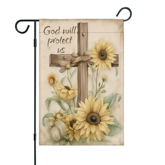Happy Easter Day Outdoor Flag Linen Garden Flag He Is Risen Sunflower Cross House Flag Vertical Double Sided Outdoor Flags for Home, Farmhouse Holiday Spring Outdoor Decor 12.5''×18''in.