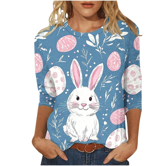Happy Easter Day Shirt for Women Casual Easter Eggs Printed Tops Tunics Bunny Rabbit Print 3/4 Sleeve T-Shirt Blouse