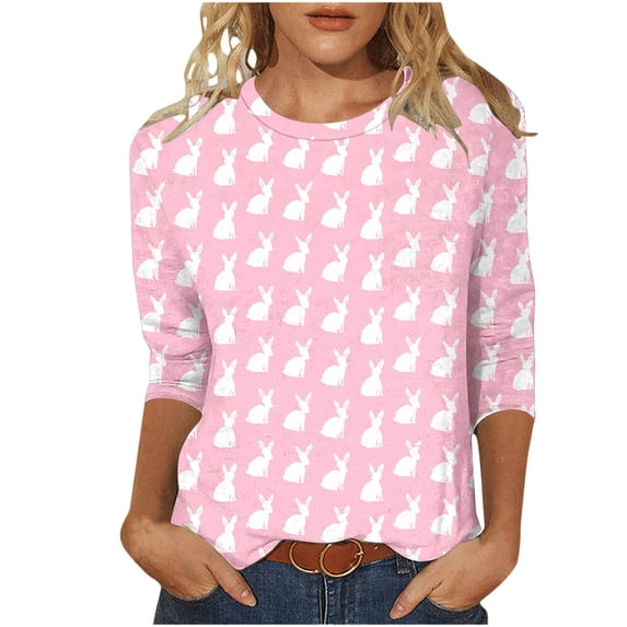 Happy Easter Day Shirt for Women Casual Easter Eggs Printed Tops Tunics Bunny Rabbit Print 3/4 Sleeve T-Shirt Blouse