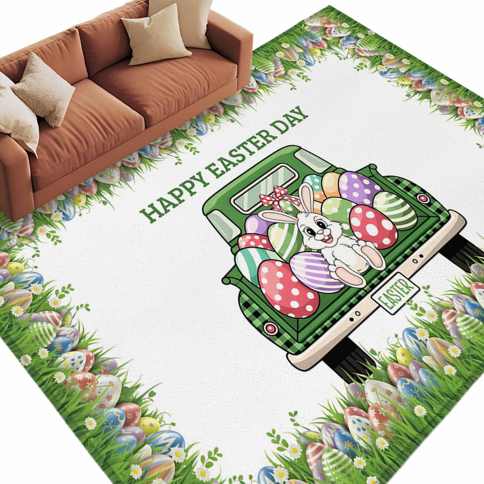 Easter Rug Design Happy Easter Day Washable Area Rug 6 x 9 ft Spring Bunny on Track Egg ...