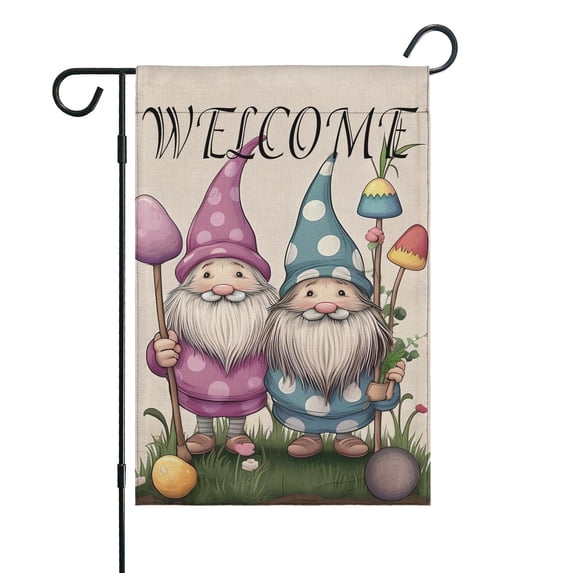 Happy Easter Day Yard Flags Burlap Outdoor Flag Gnome Eggs Colorful Flowers Welcome Flag Vertical Double Sided Yard Flags for Home, Holiday Gift 12.5''×18''in.