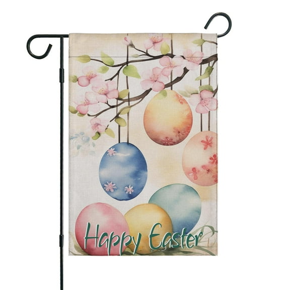 Happy Easter Day Yard Flags Linen Garden Flag Watercolor Eggs Butterfly Yard Flags Vertical Double Sided Outdoor Flags for Home, Garden Decorations 12.5''×18''in.