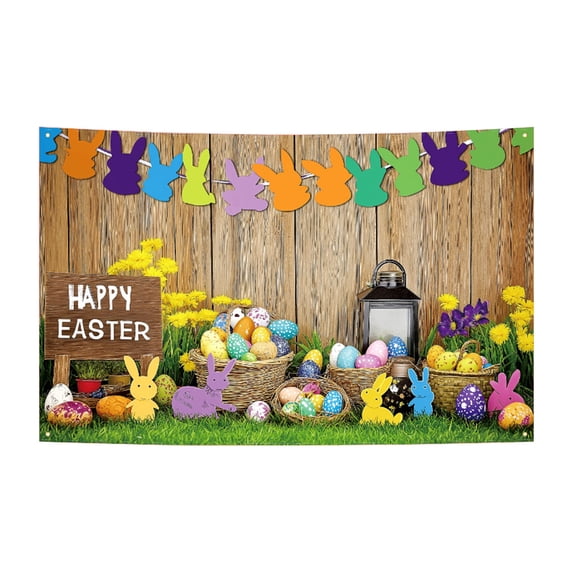 Happy Easter Decorations Banner, Bunny Backdrop Colorful Cartoon Easter Egg and Floral Rabbit Spring Photography Background Backdrop Poster for Kid Bunny Photo Booth Props 71x45 Inch