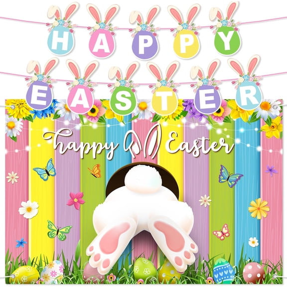 Happy Easter Decorations Set - Bunny Ear Banner Garland & 2D Easter Backdrop, Colorful Floral Egg Party Supplies for Home/Party Spring Holiday Decor 2026