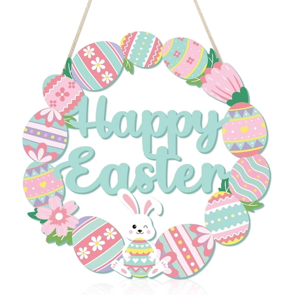 Happy Easter Decorations Sign, Bunny Eggs Wood Wreath for Front Door Porch Window Wall Hanging Decor, Pink Green Spring Decoration for the Home (Bunny Egg)