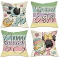 thumbnail image 1 of Happy Easter Decorative Throw Pillow Covers 18 x 18 Set of 4, Hunny Bunny Cartoon Mouse Rabbit Eggs Porch Patio Outdoor Pillowcase, Colorful Stripes Flower Basket Cushion Case Home Decor, 1 of 6