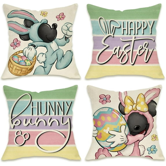 Happy Easter Decorative Throw Pillow Covers 18 x 18 Set of 4, Hunny Bunny Cartoon Mouse Rabbit Eggs Porch Patio Outdoor Pillowcase, Colorful Stripes Flower Basket Cushion Case Home Decor