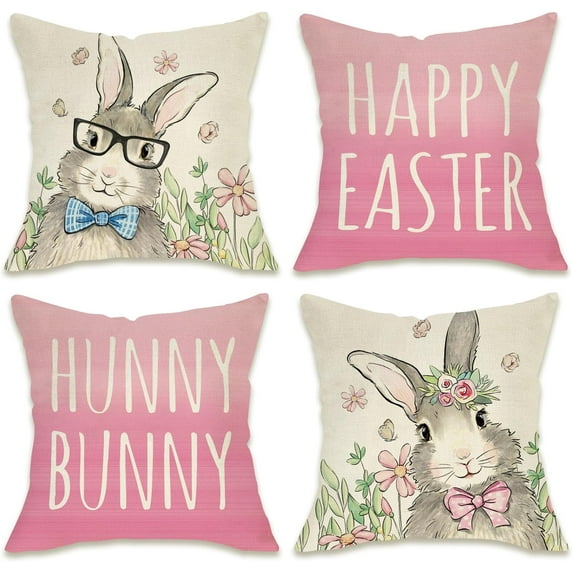 Happy Easter Decorative Throw Pillow Covers 18 x 18 Set of 4, Hunny Bunny Rabbit Pink Porch Patio Outdoor Pillowcase, Flowers Vintage Sofa Couch Cushion Case Home Decor
