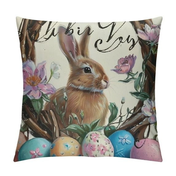 Happy Easter Decorative Throw Pillow Covers of , Rabbit Wreath Outdoor Pillow, Flower Stripes Cushion Home Decor